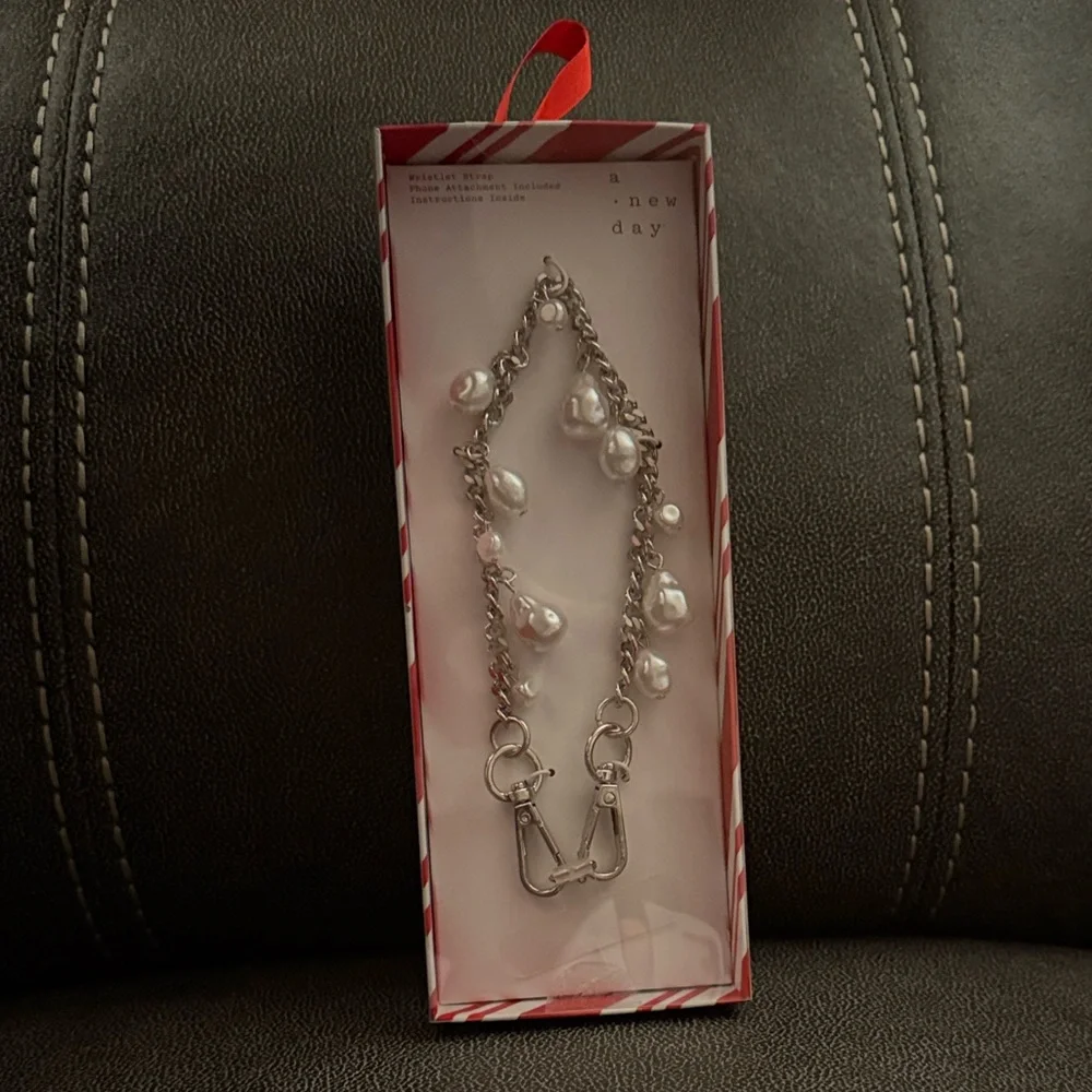 A New Day- Silver Wristlet Strap for Cell Phone with Feaux White Pearls